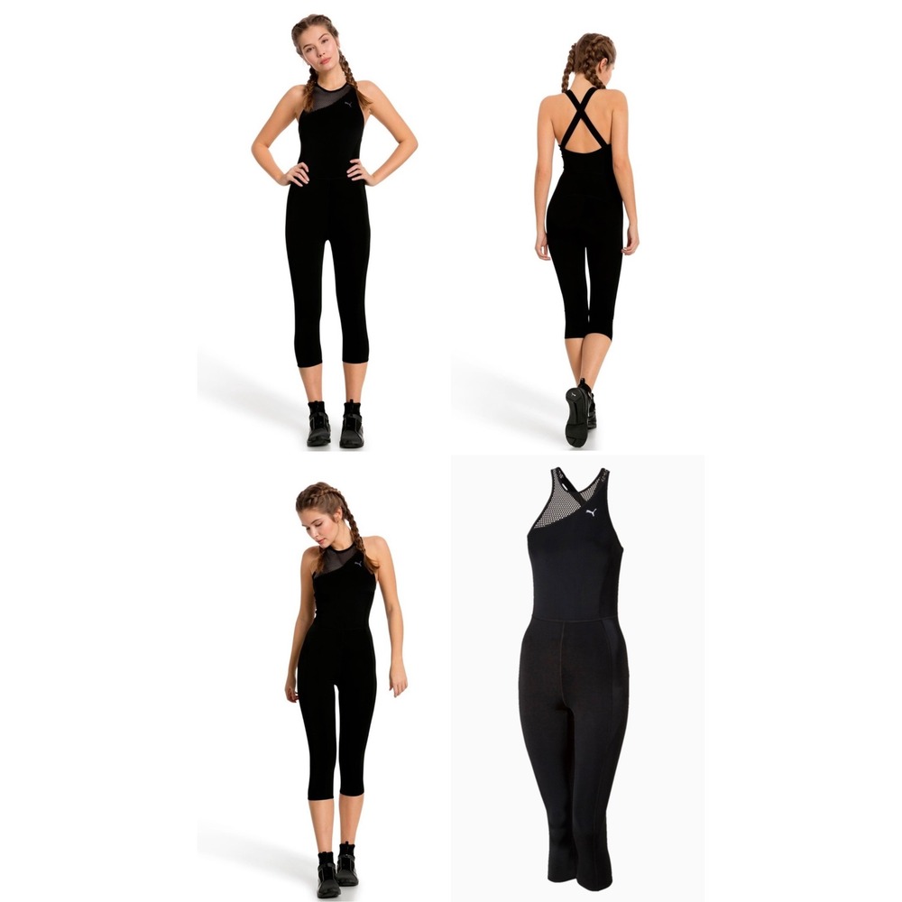 Puma Explosive Bodysuit Black Mesh Cross Back Capri Jumpsuit 515191-01 Womens L